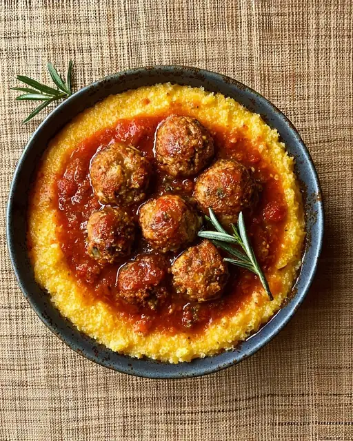 Albóndigas de pavo magro en salsa marinara con polenta cremosa