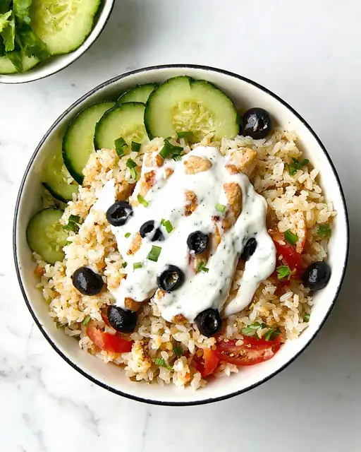 Bowl mediterráneo con pollo, arroz integral y aderezo tzatziki
