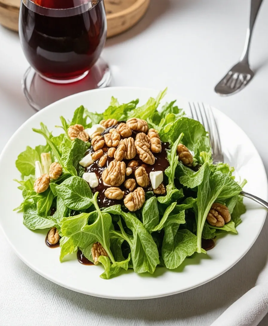Ensalada de hojas verdes con reducción de vino tinto y frutos secos