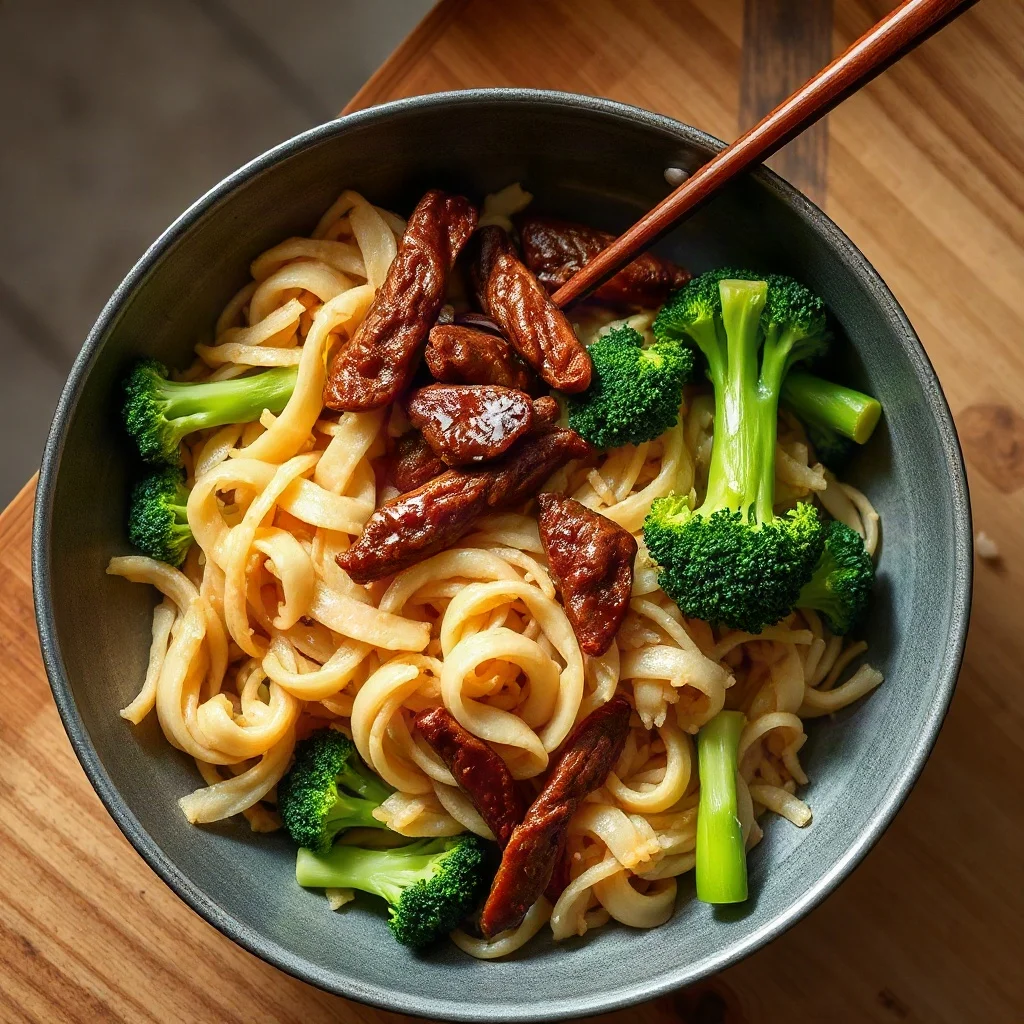 Fideos de arroz integral con tiras de carne magra, brócoli y jengibre fresco
