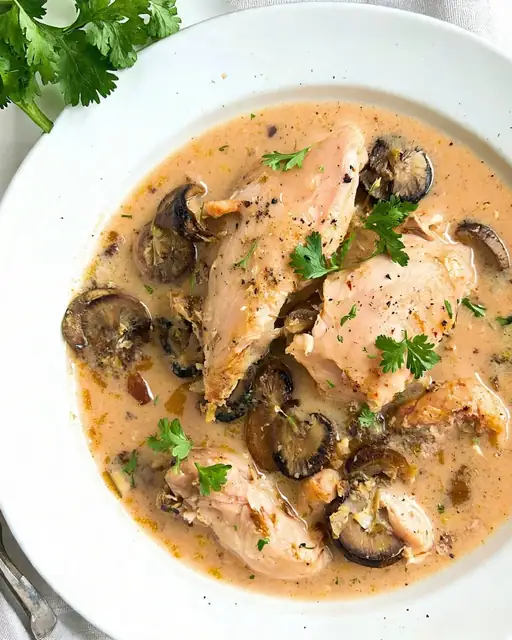 Pollo de Campo al Vino Rosado y Ensamble de Hongos Silvestres