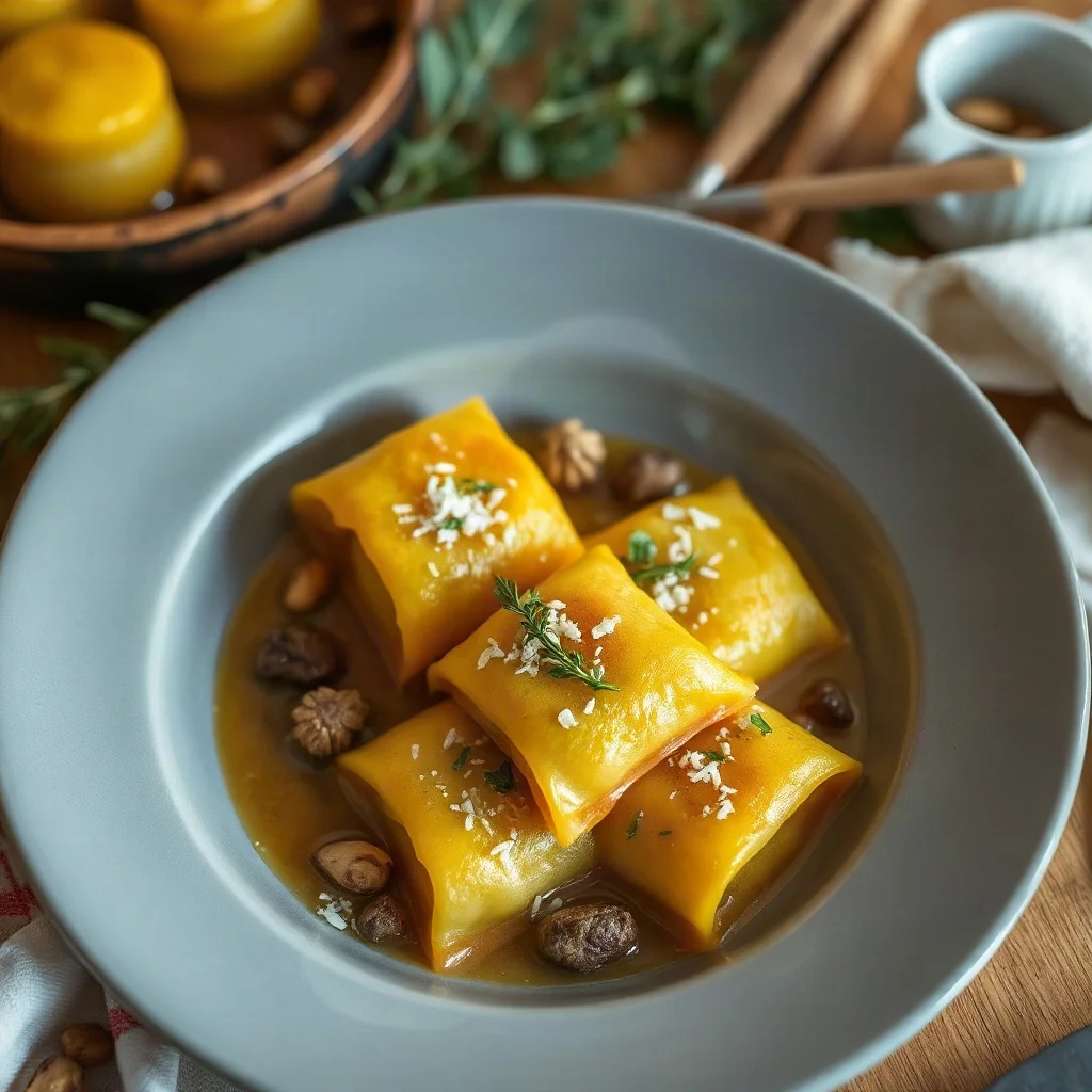 Ravioles rellenos de calabaza y nuez con crema ligera de cúrcuma y almendras