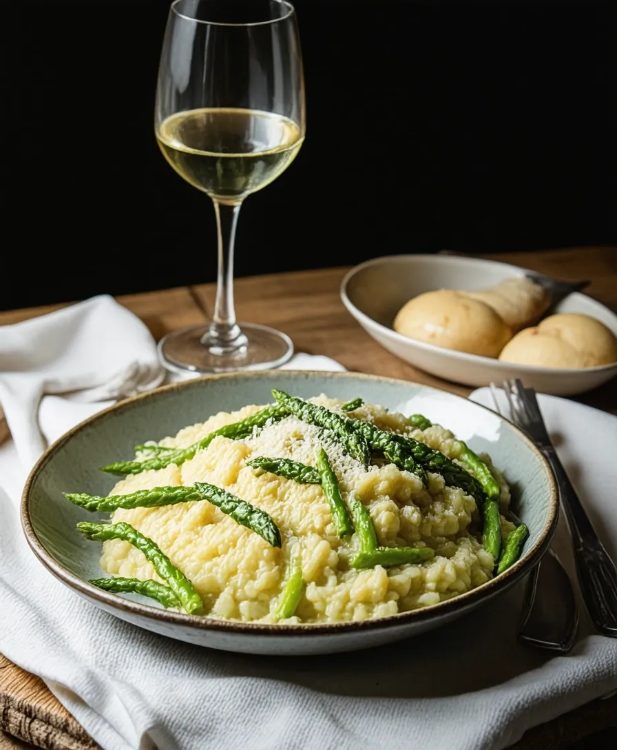 Risotto vegetariano al vino blanco con espárragos