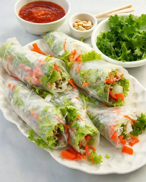 Rollitos Vietnamitas de Papel de Arroz con Salsa Nuoc Cham de Cacahuete
