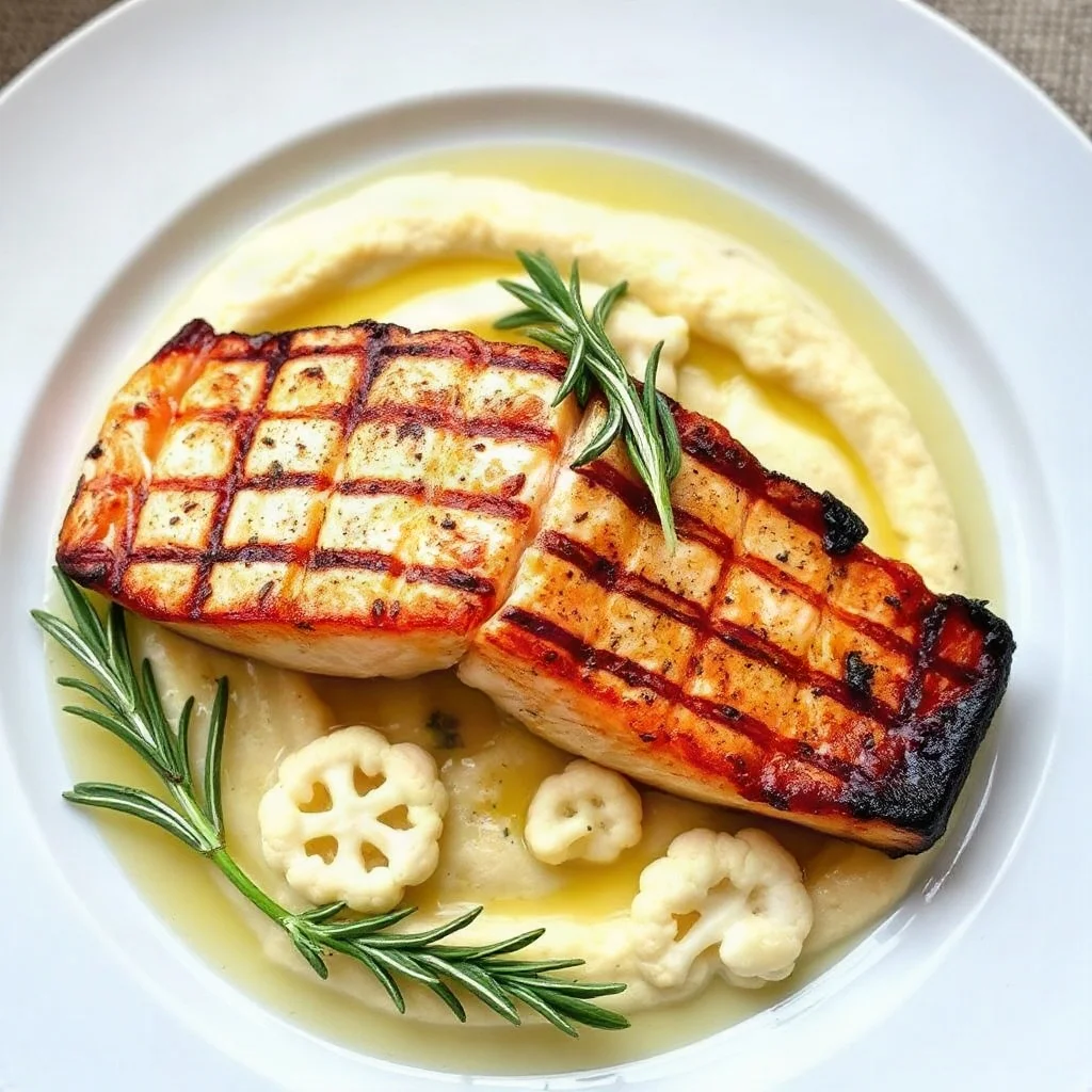 Salmón a la plancha con puré de coliflor al romero y aceite de oliva
