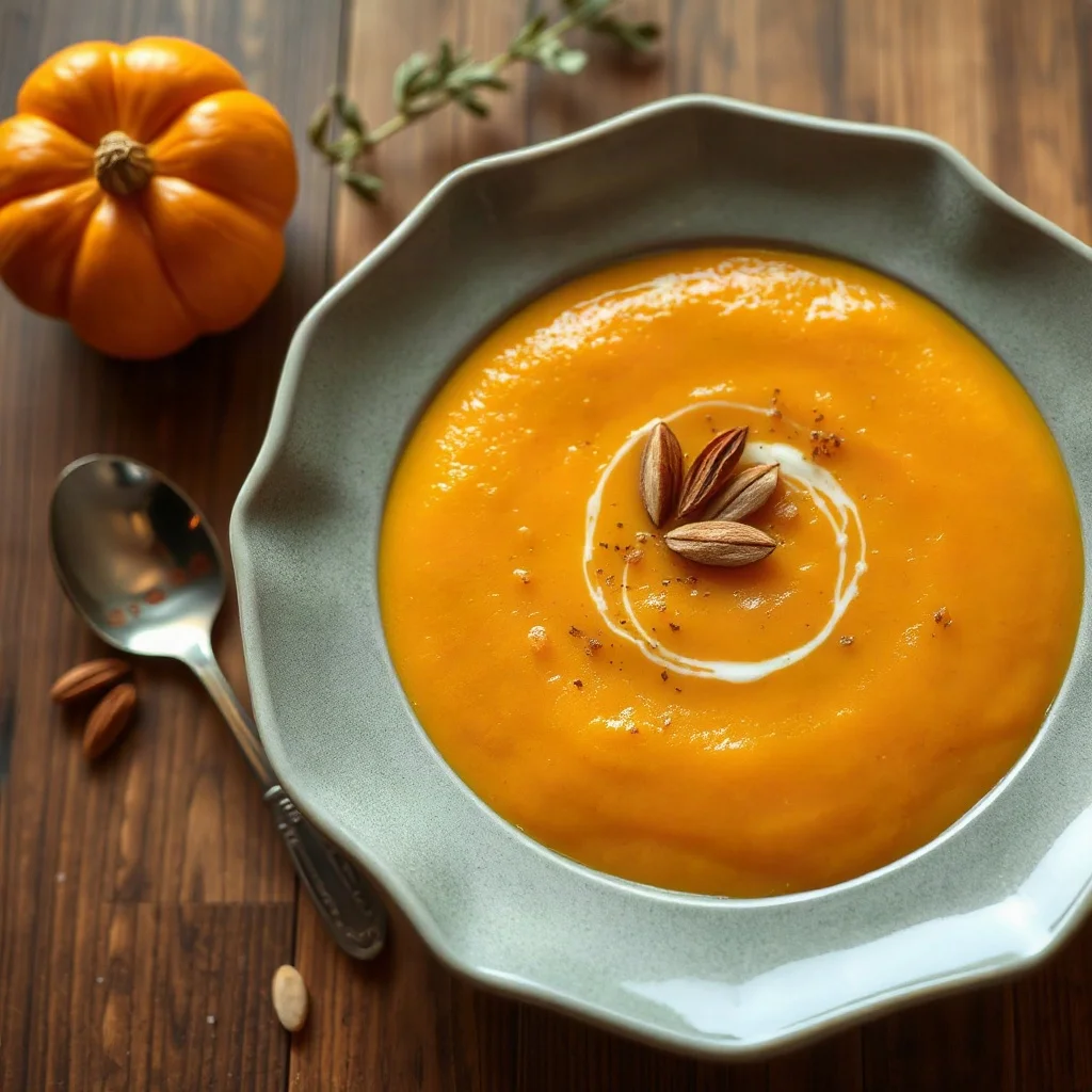 Sopa cremosa de calabaza asada con aceite de oliva extra virgen y almendras
