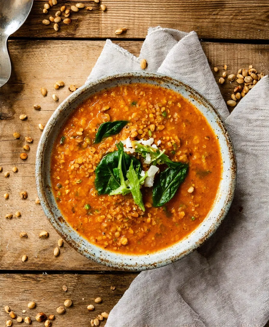 Sopa cremosa de lentejas rojas y espinaca